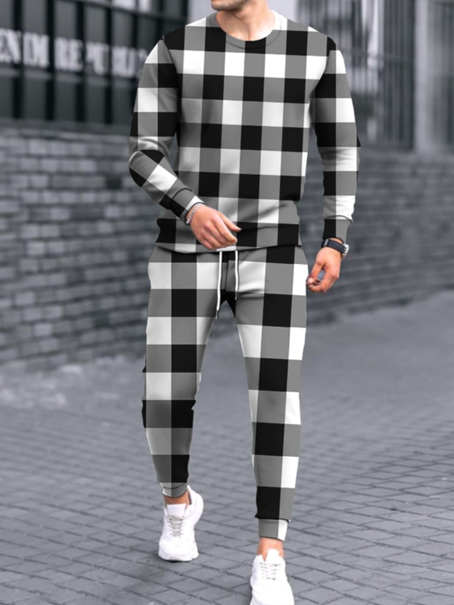 

LW Men Plaid Print Drawstring Pants Set, Black and white