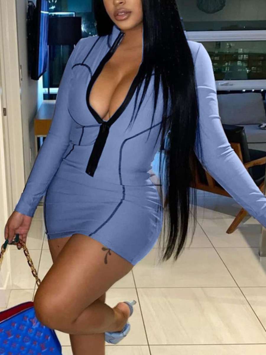 

LW Striped Zipper Design Bodycon Dress, Skyblue