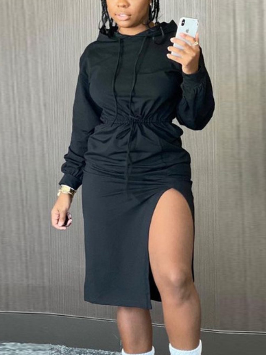 

LW SXY Hooded Collar Thigh Slit Sweat Dress, Black