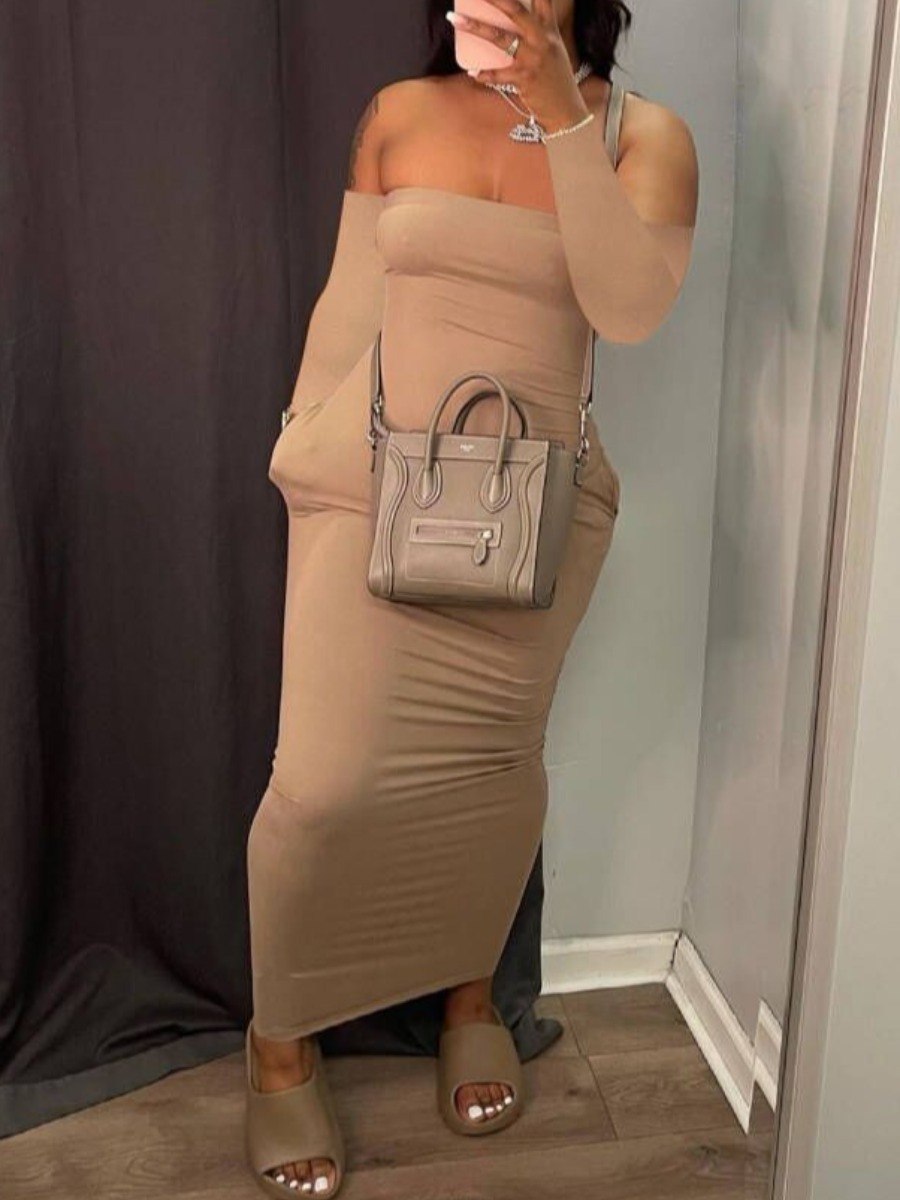 

LW SXY Off The Shoulder Pocket Design Bodycon Dress, Khaki