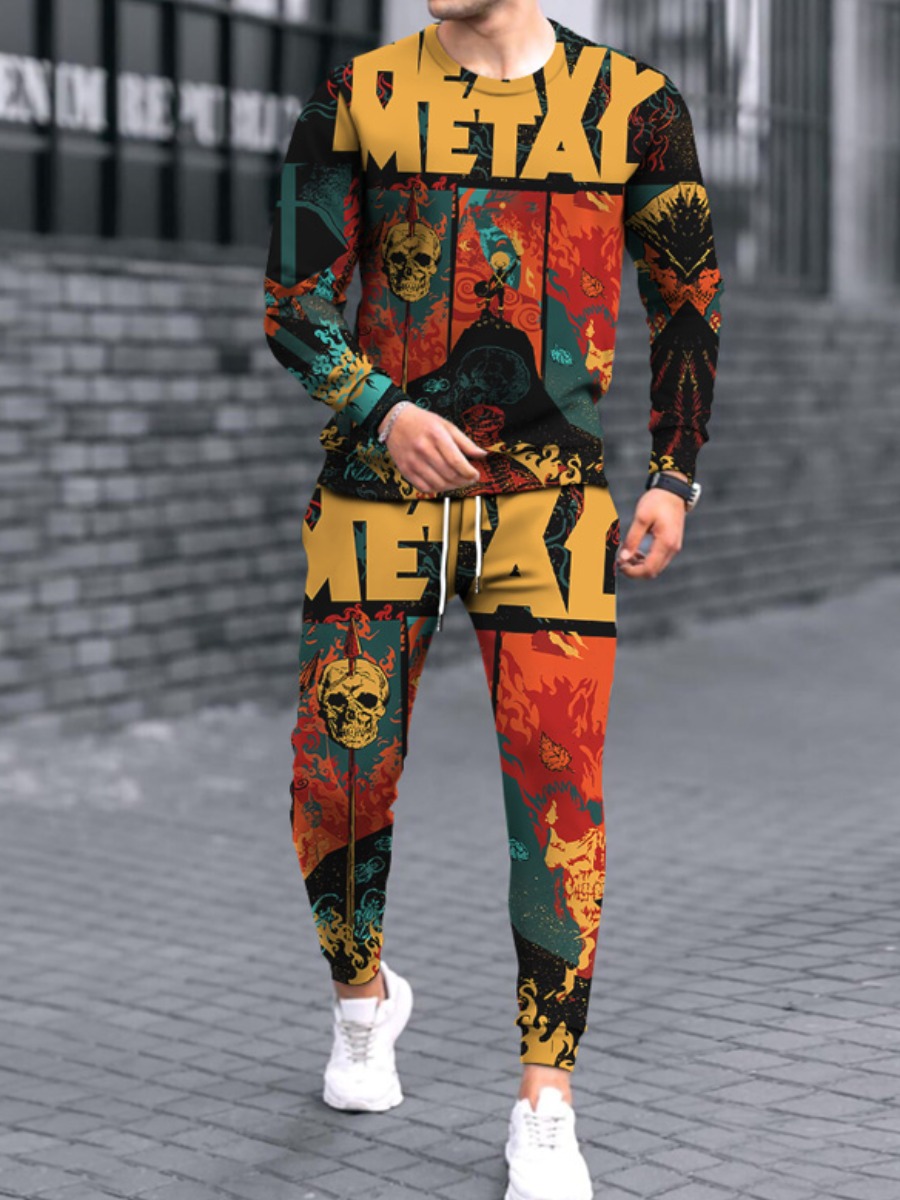 

LW Men Skull Head Letter Print Pants Set, Multi