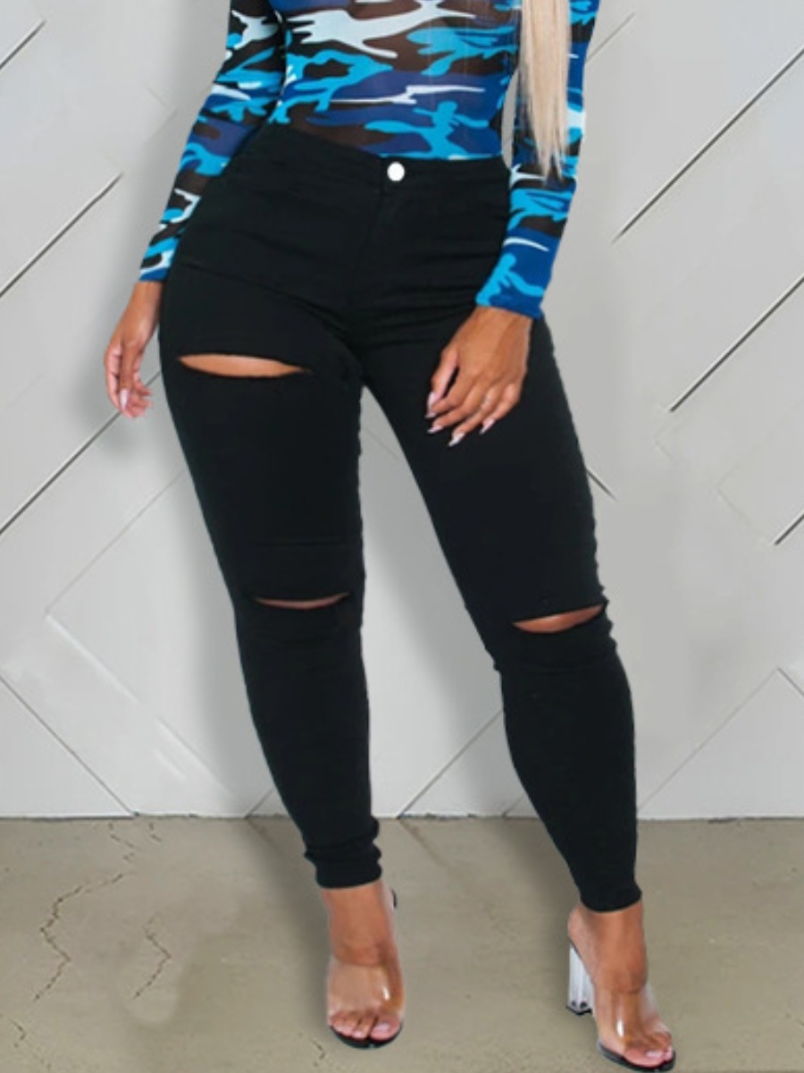 

LW High-waisted Ripped Jeans, Black