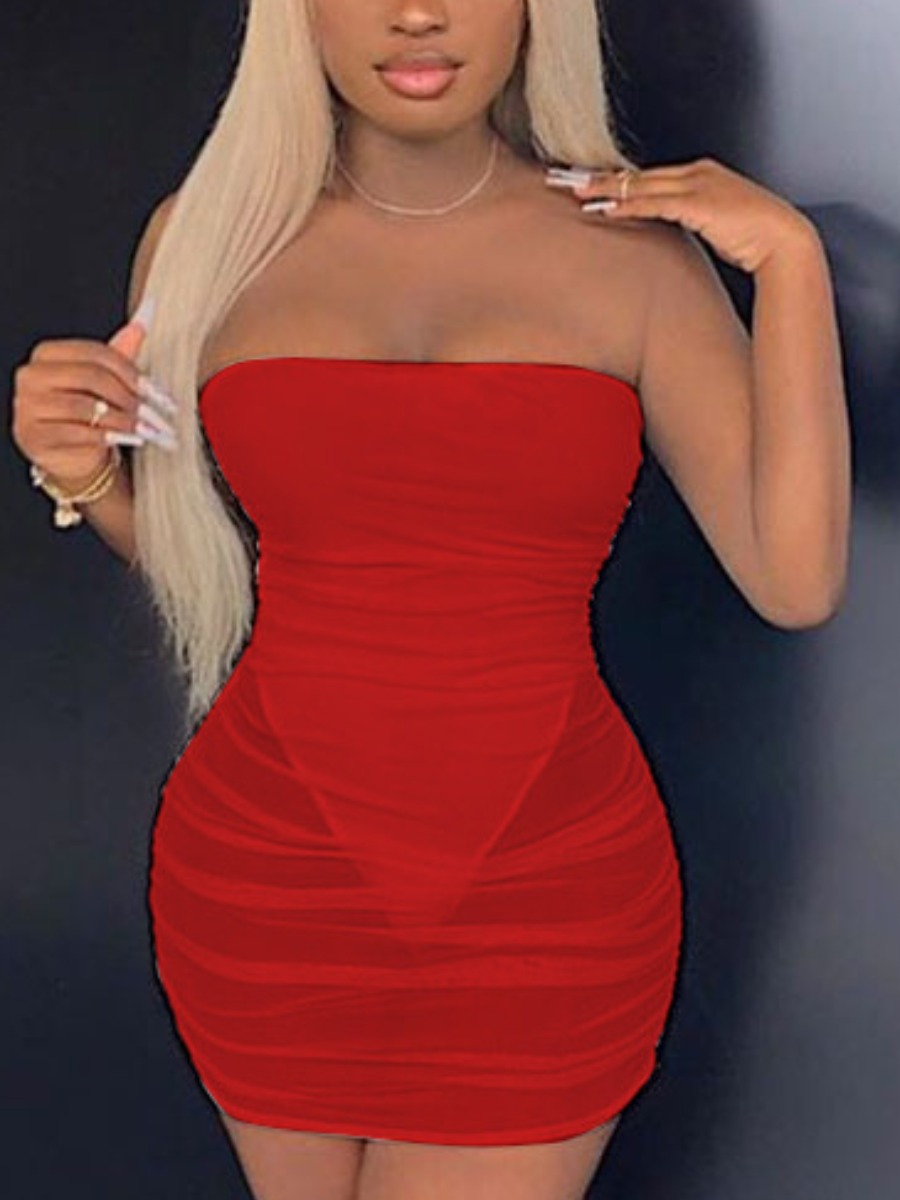 

LW SXY Off The Shoulder See-through Bodycon Dress, Red