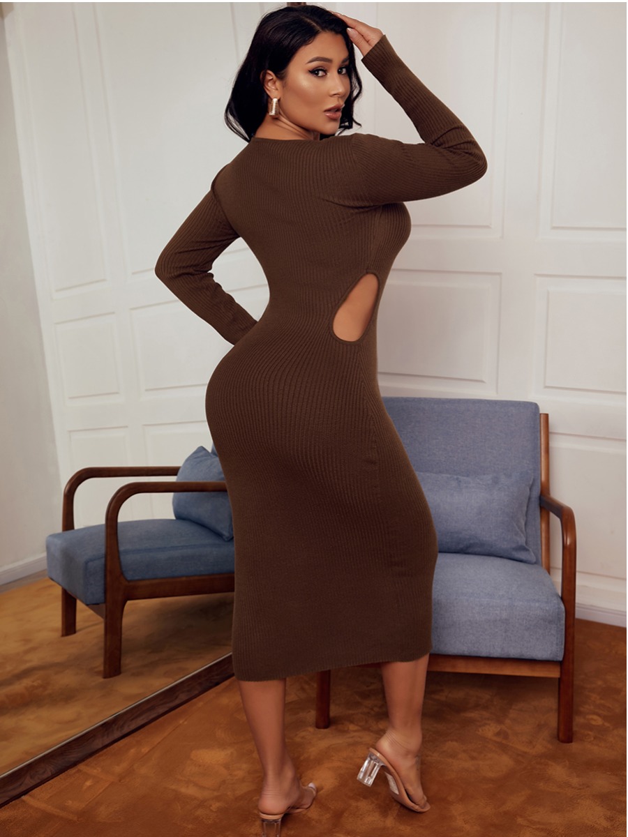 

LW SXY Solid Hollow-out Bodycon Dress, Coffee