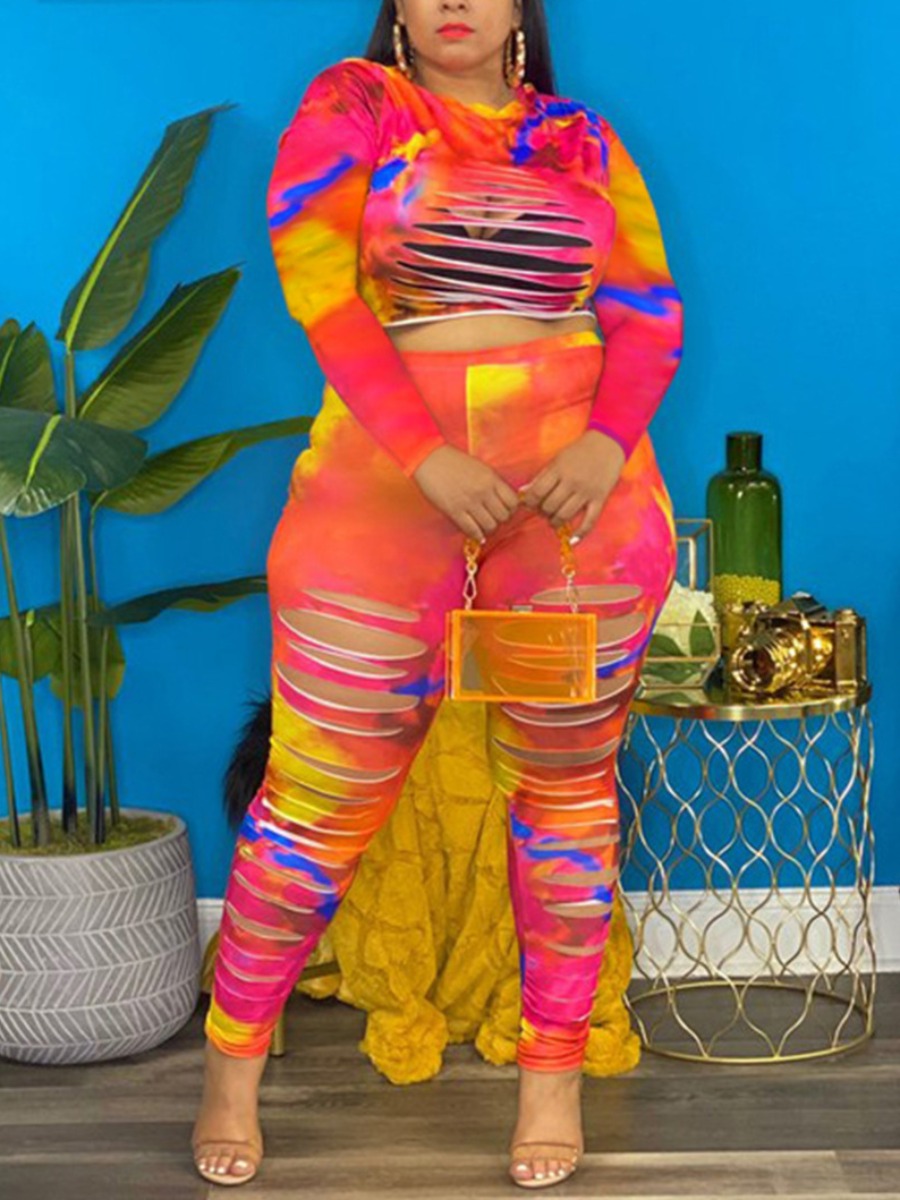 

LW Plus Size Tie-dye Ripped Crop Top Pants Set, Red