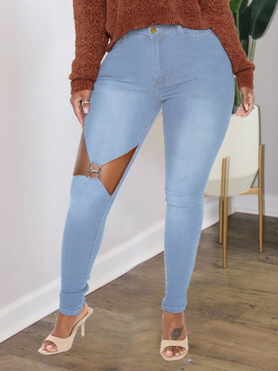 

LW Plus Size High Stretchy Ripped Ring Detail Jeans, Baby blue