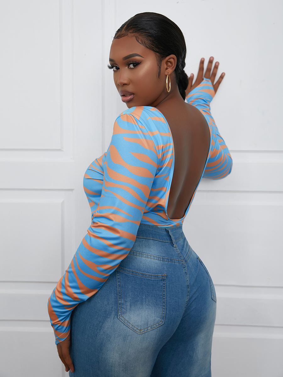 LW Plus Size Striped Backless Bodysuit 1X