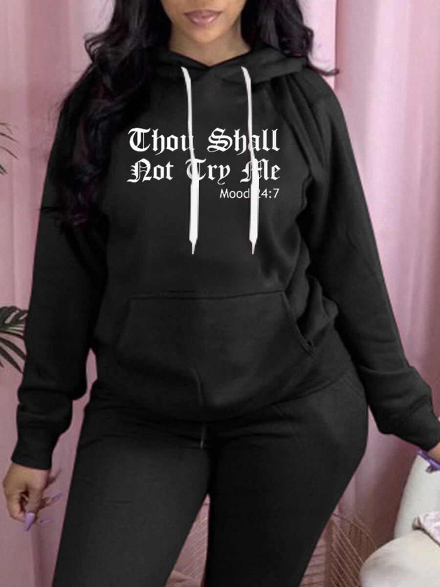 

LW Plus Size Hooded Collar Letter Print Hoodie, Black