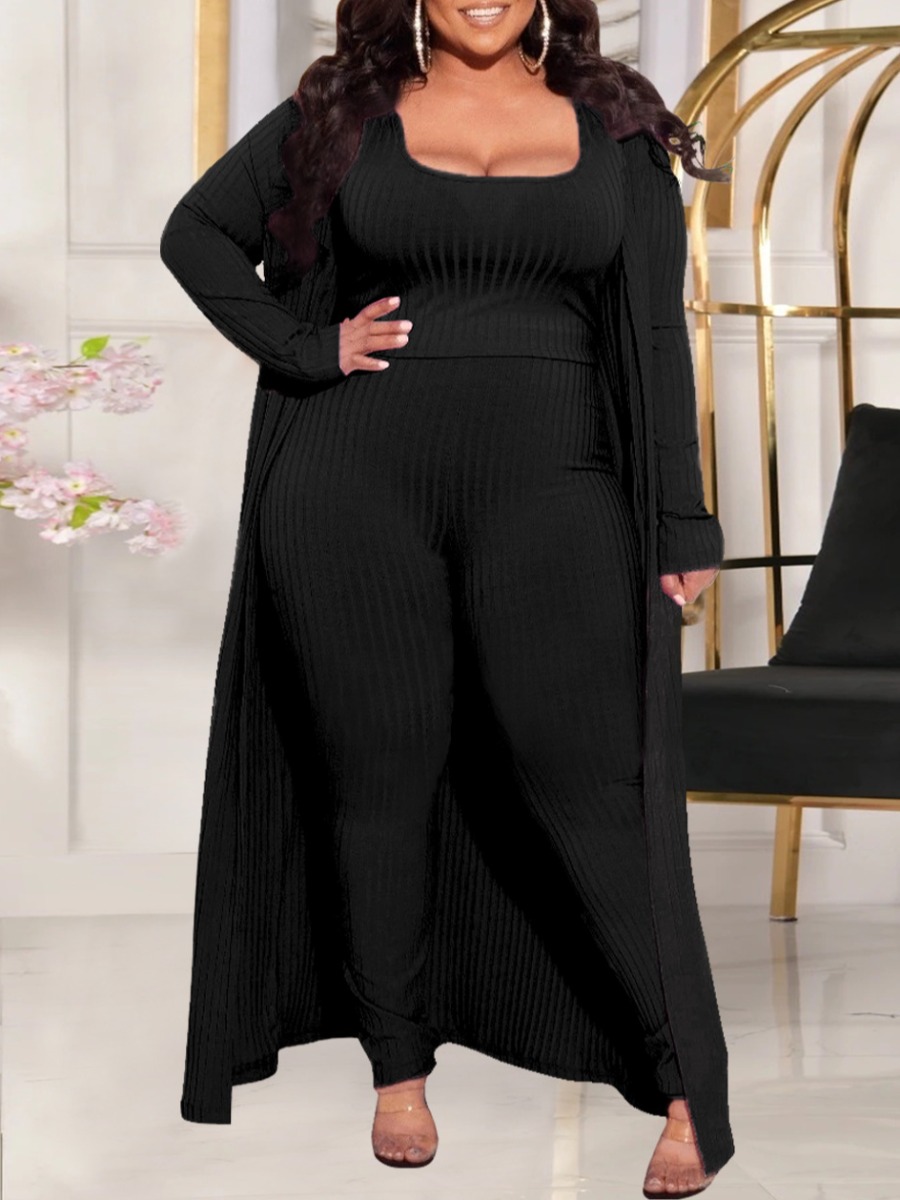 

LW Plus Size U Neck Rib-Knit Pants Set, Black