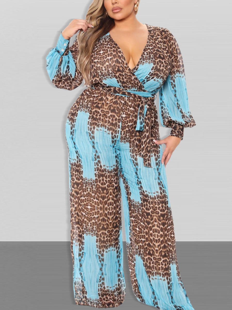 

LW Plus Size Leopard Print Wide Leg Jumpsuit, Blue