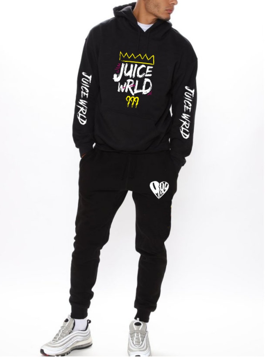 

LW Men Heart Letter Print Sweatsuit Set, Black