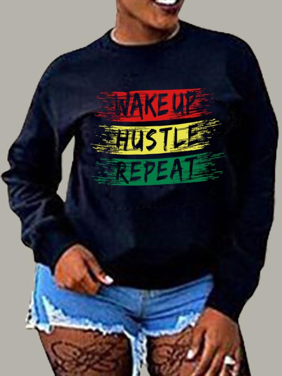 

LW Round Neck Letter Print Sweatshirt, Black