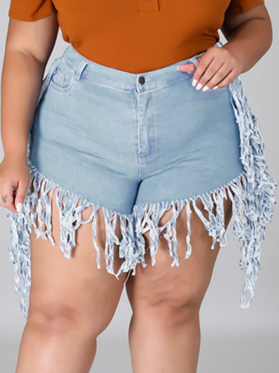 

LW Plus Size Mid Waist Tassel Design Denim Shorts, Baby blue