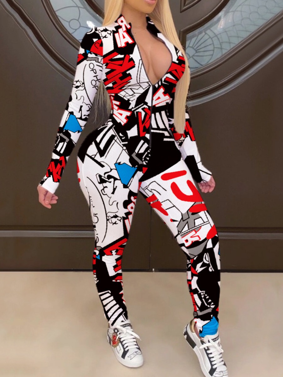 

LW Letter Print Patchwork Jumpsuit, White