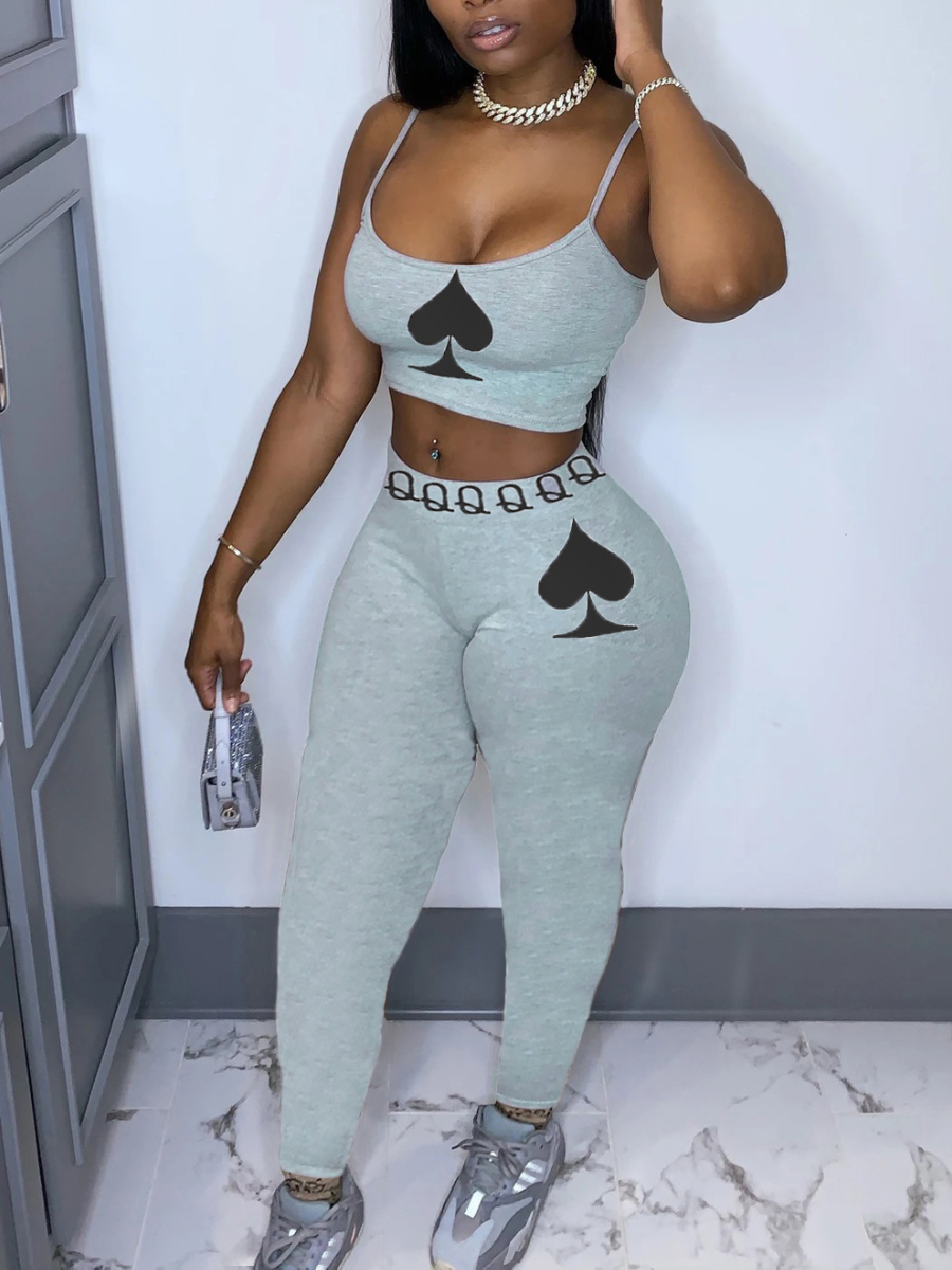 

LW Casual Spaghetti Strap Print Grey Two Piece Pants Set