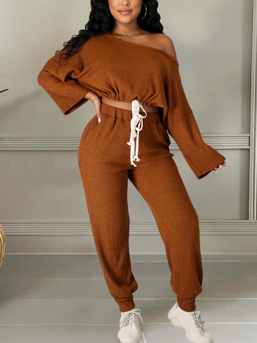 

LW Oblique Drawstring Loose Pants Set, Coffee