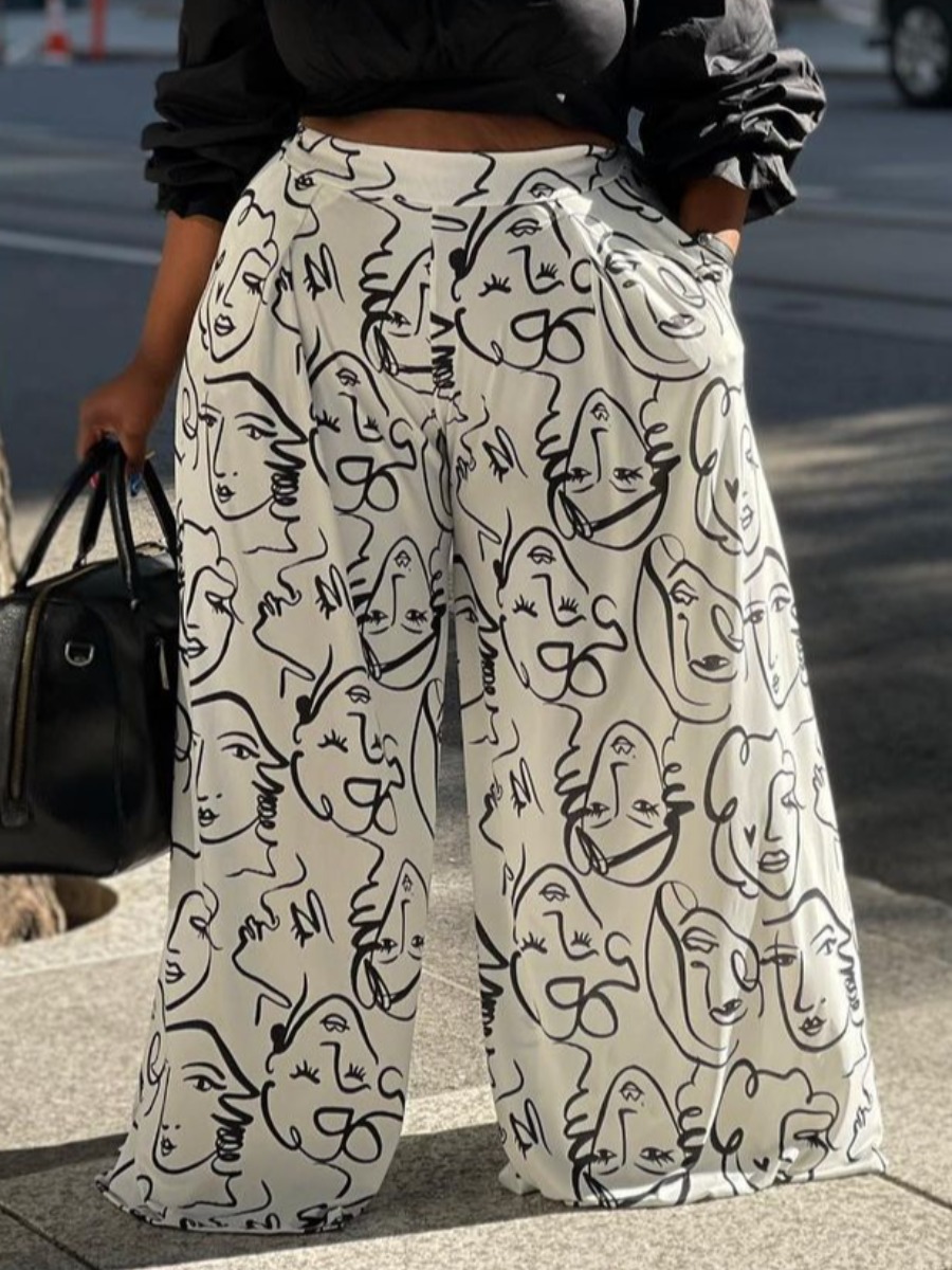 

LW Plus Size Abstract Figure Print Wide Leg Pants, White