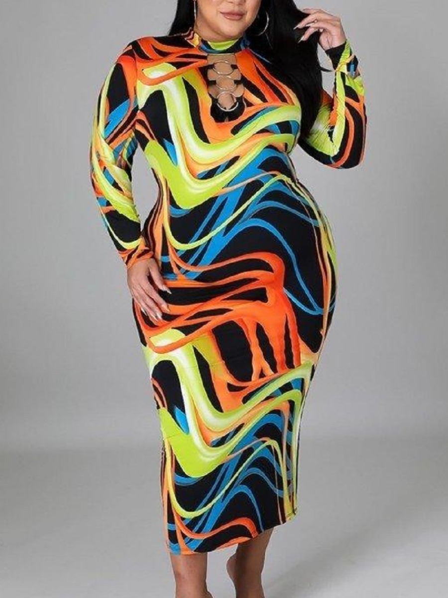 

LW Plus Size Mixed Print Metal Ring Decoration Dress, Yellow