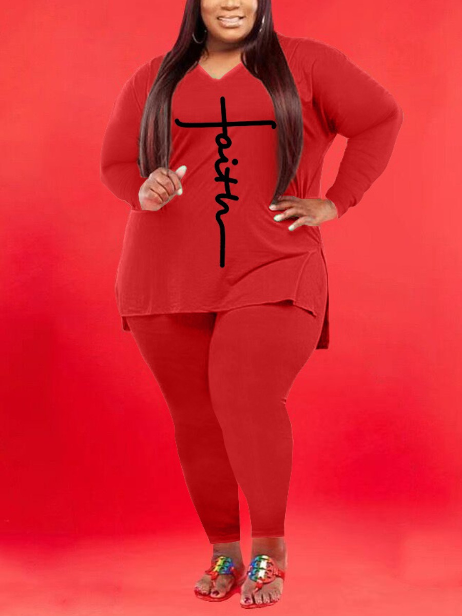 

LW Plus Size Faith Drawing Letter Print Side Slit Pants Set, Red