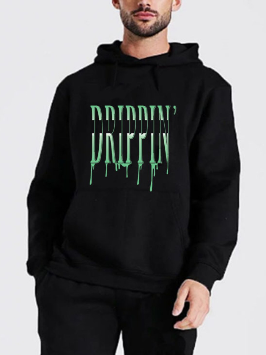 

LW Men Letter Print Kangaroo Pocket Hoodie, Black