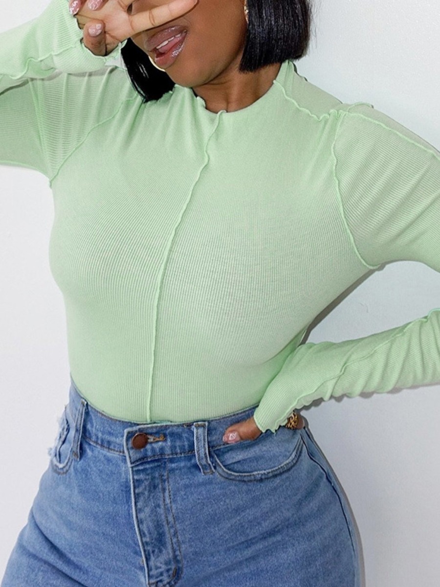 

LW Round Neck Rib-Knit T-shirt, Green