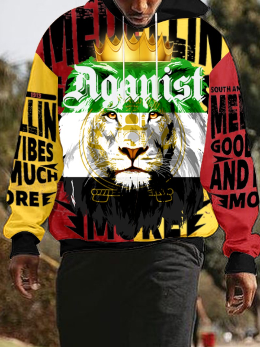 

LW Men Lion Letter Print Hoodie, Black