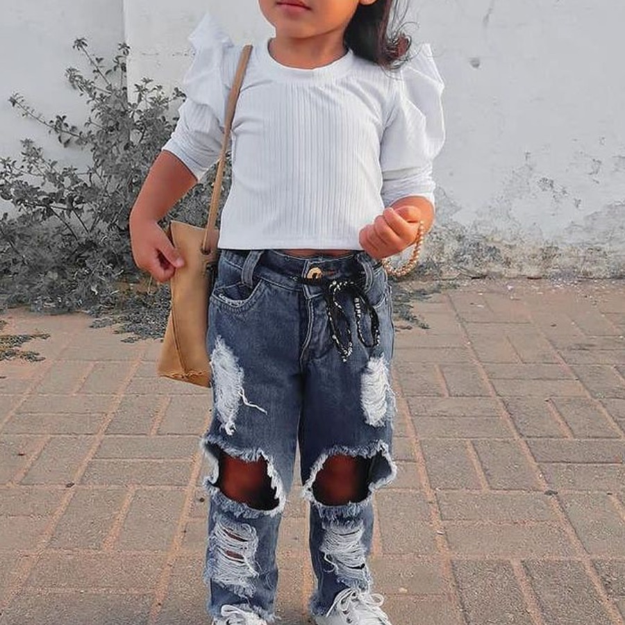 

LW COTTON Girl Flounce Design Ripped Pants Set, White