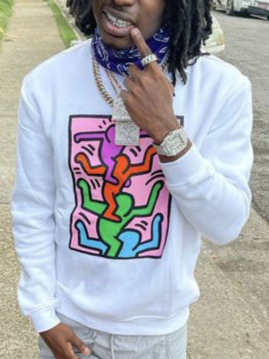 

LW Men Round Neck Cartoon Print Sweatshirt, White