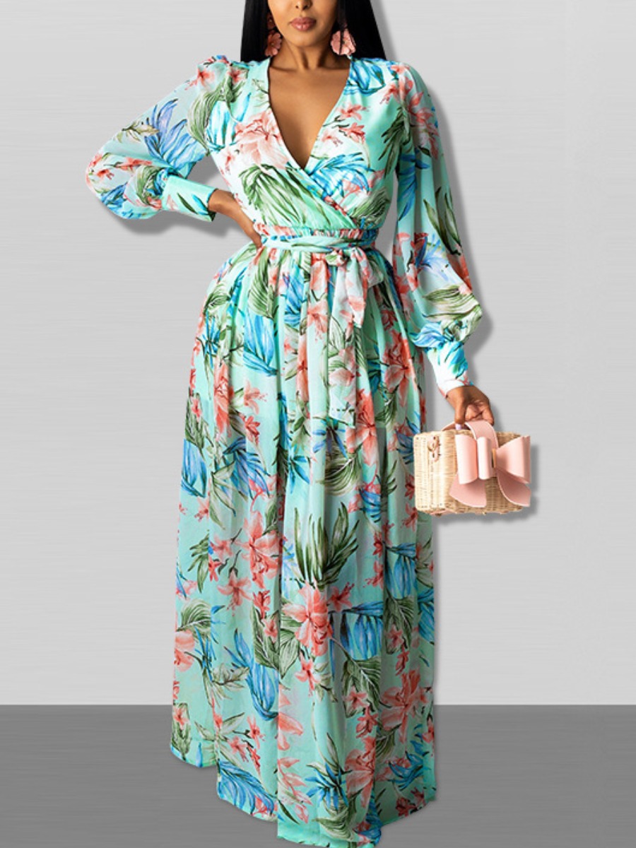

LW Floral Print Bandage Design A Line Dress, Skyblue