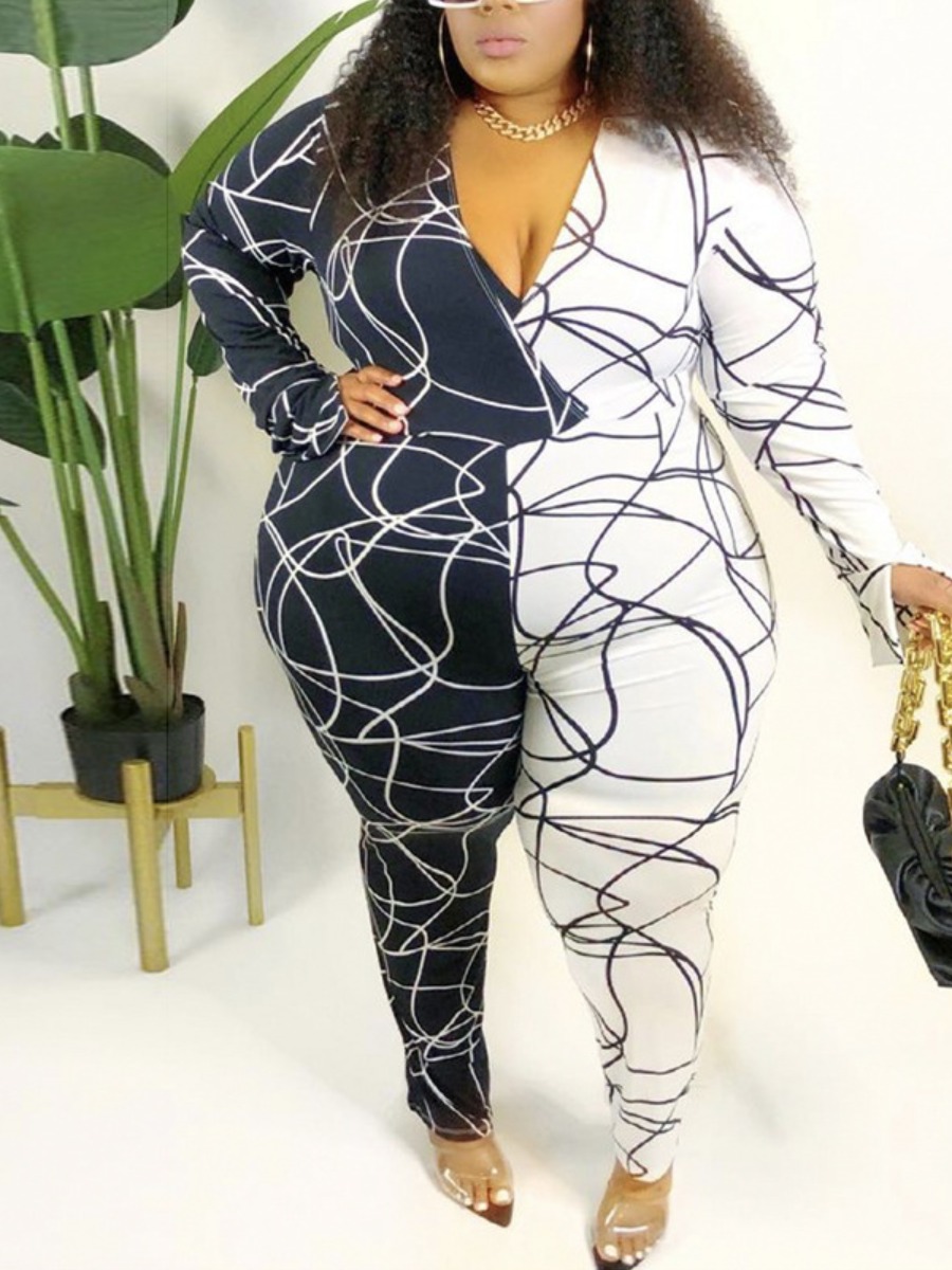 

LW Plus Size V Neck Winding Stripe Jumpsuit, Black and white