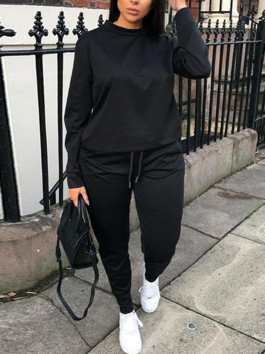 

LW BASICS Plus Size Round Neck Drawstring Pants Set, Black