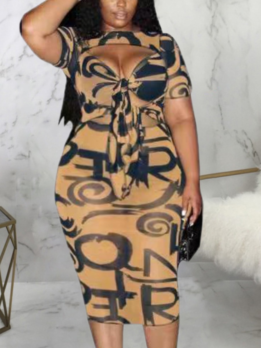 

LW Plus Size Bandage Hollow-out Design Bodycon Dress, Khaki