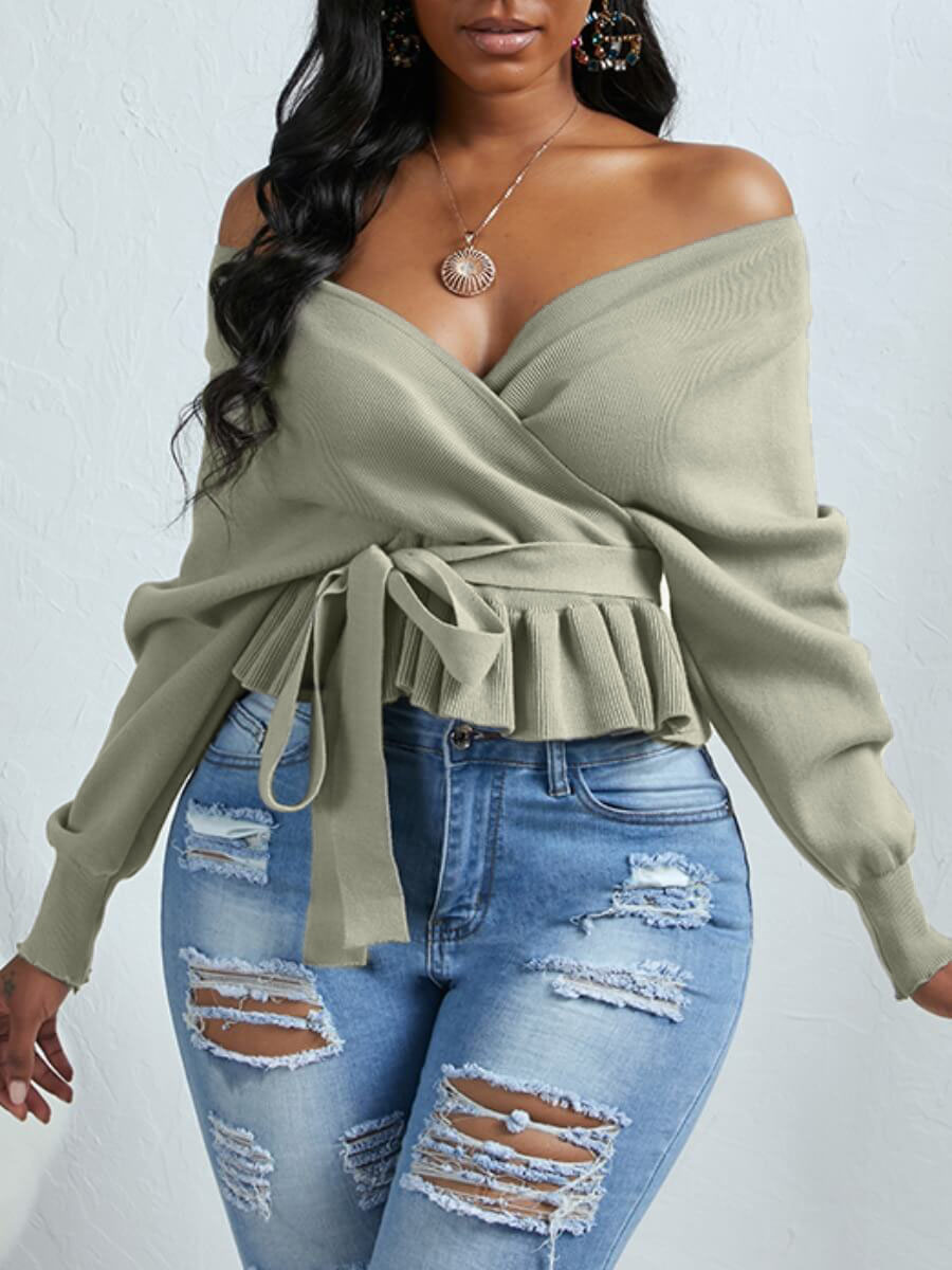 

LW Casual V Neck Fold Design Grey Sweater