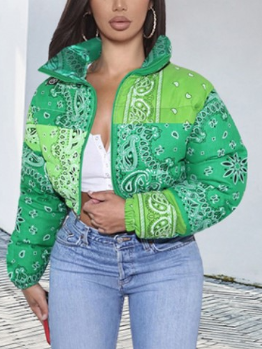 

LW COTTON Casual Print Patchwork Green Parka(Batch Print)