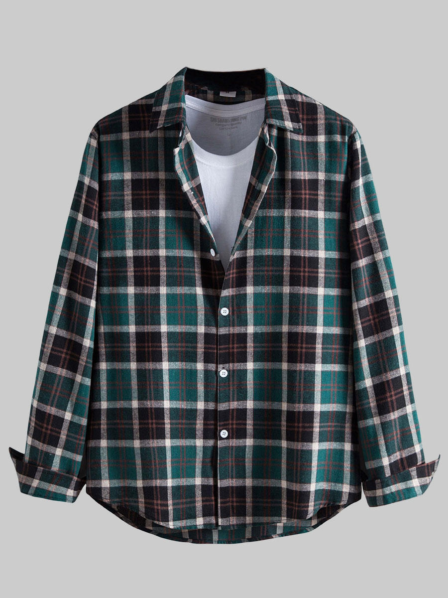

LW Men Turndown Collar Plaid Print Shirt, Green