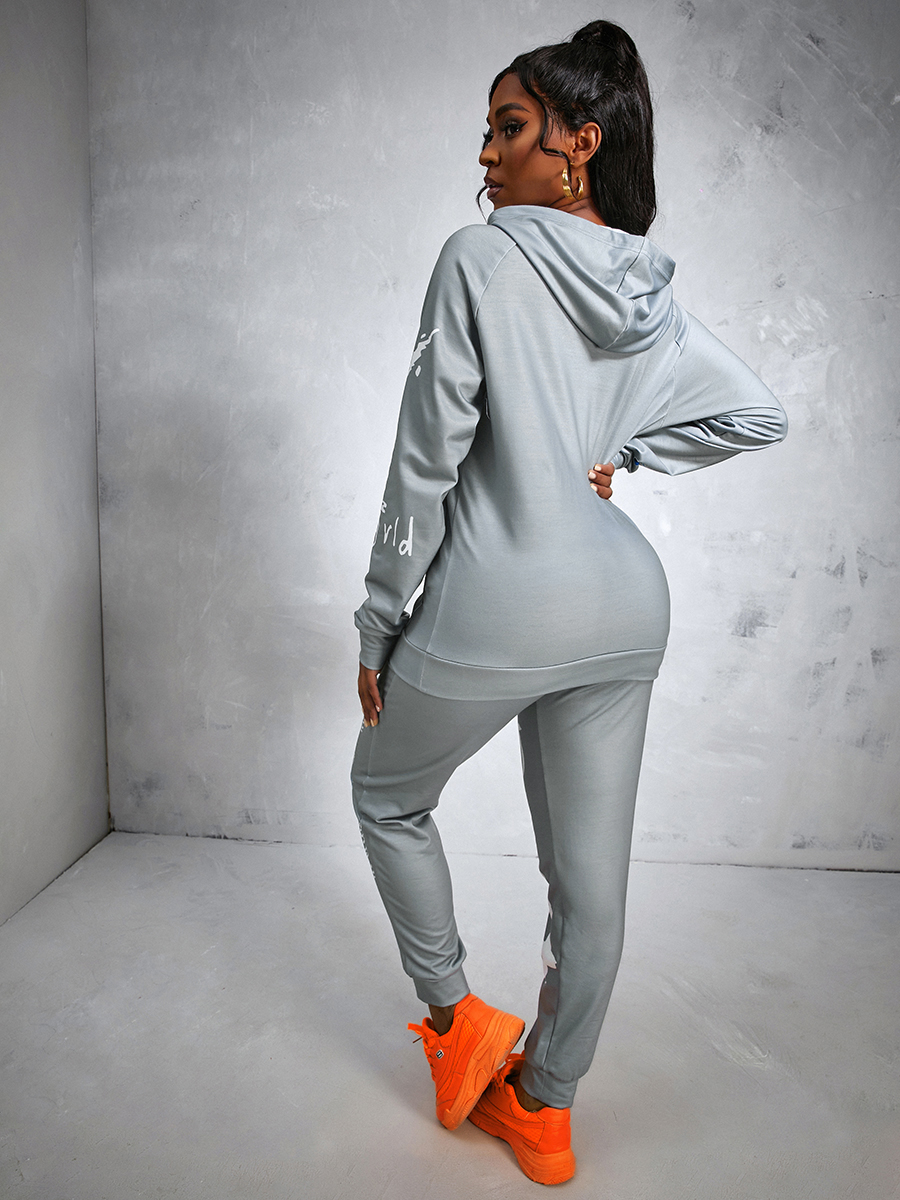 

LW Letter Print Kangaroo Pocket Tracksuit Set, Grey