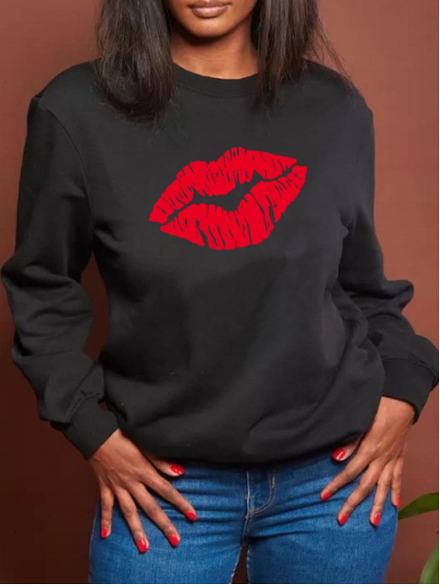 

LW BASICS Round Neck Lip Print Sweatshirt, Black