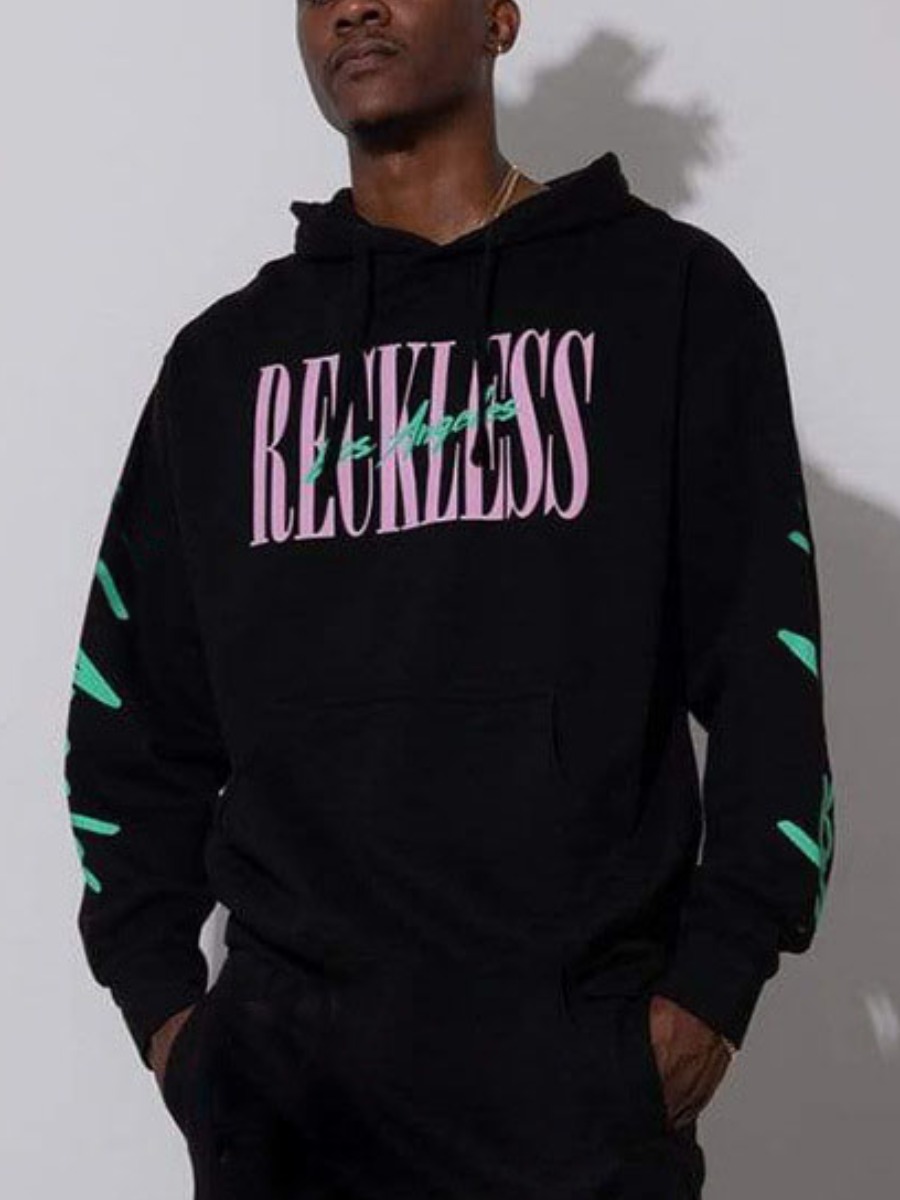 

LW Men Letter Print Kangaroo Pocket Hoodie, Black