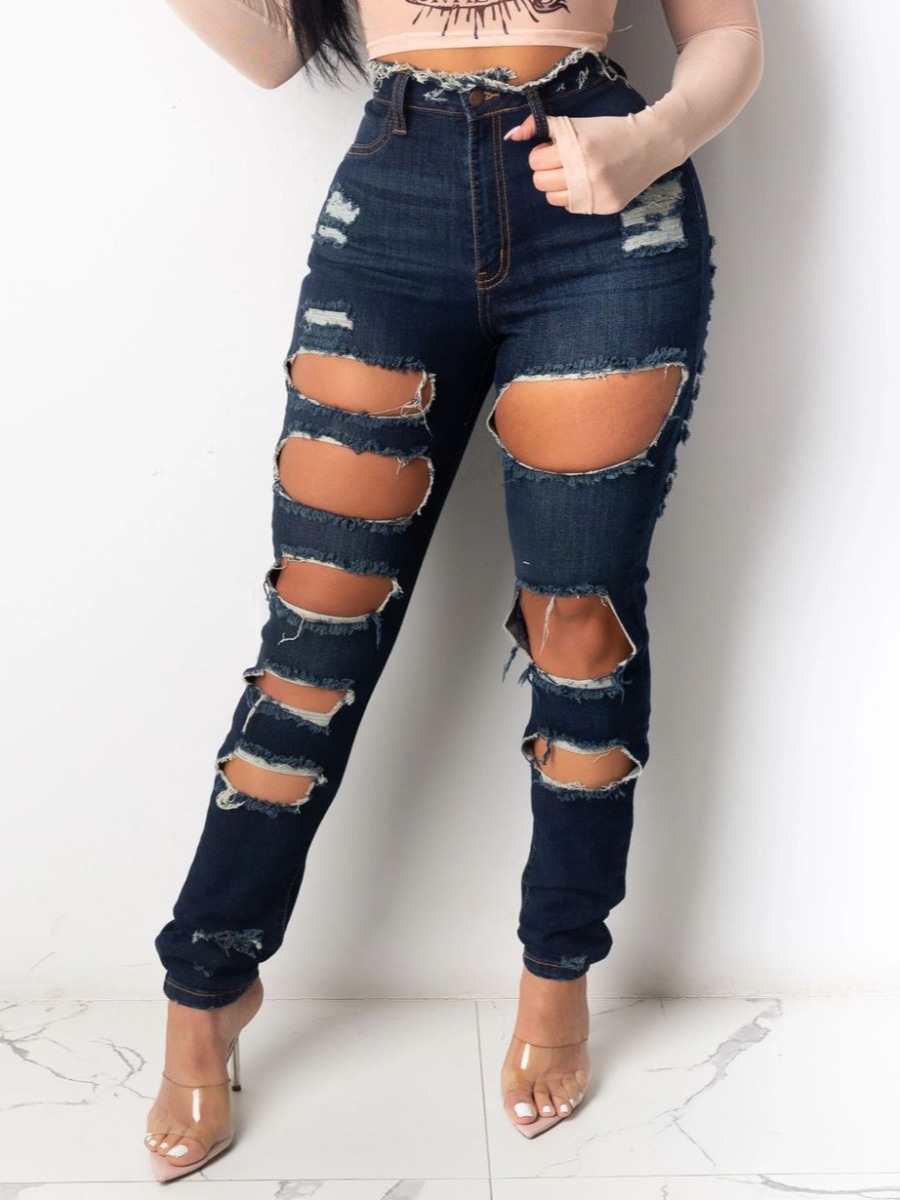 

LW High-waisted Ripped Jeans, Deep blue