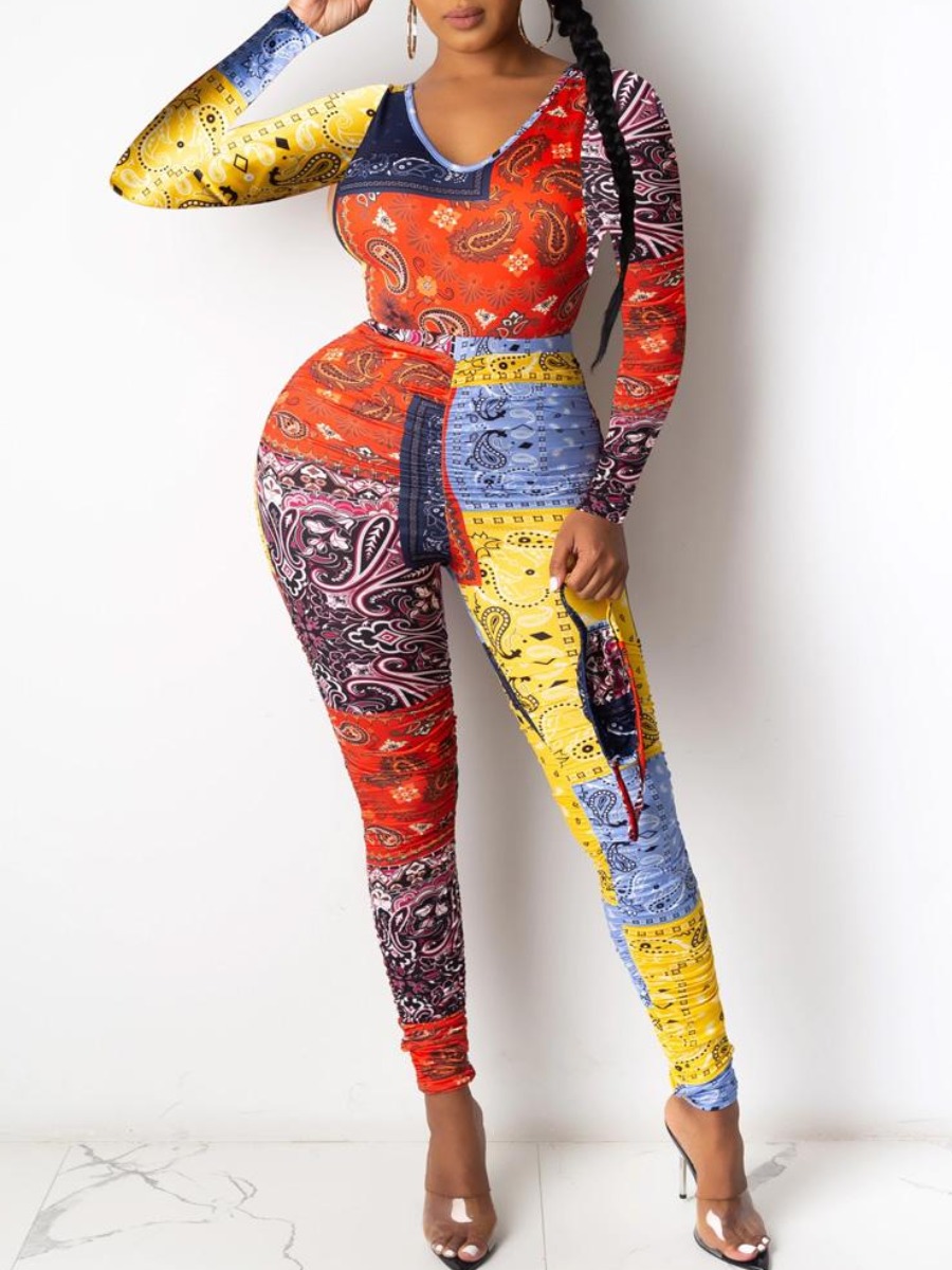 LW V Neck Cashew Print Pants Set, Multi