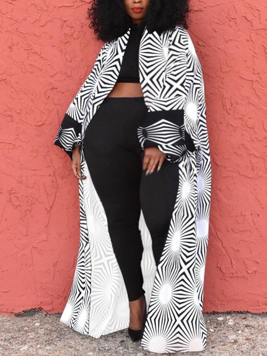 

LW Plus Size Striped Patchwork Loose Coat, White