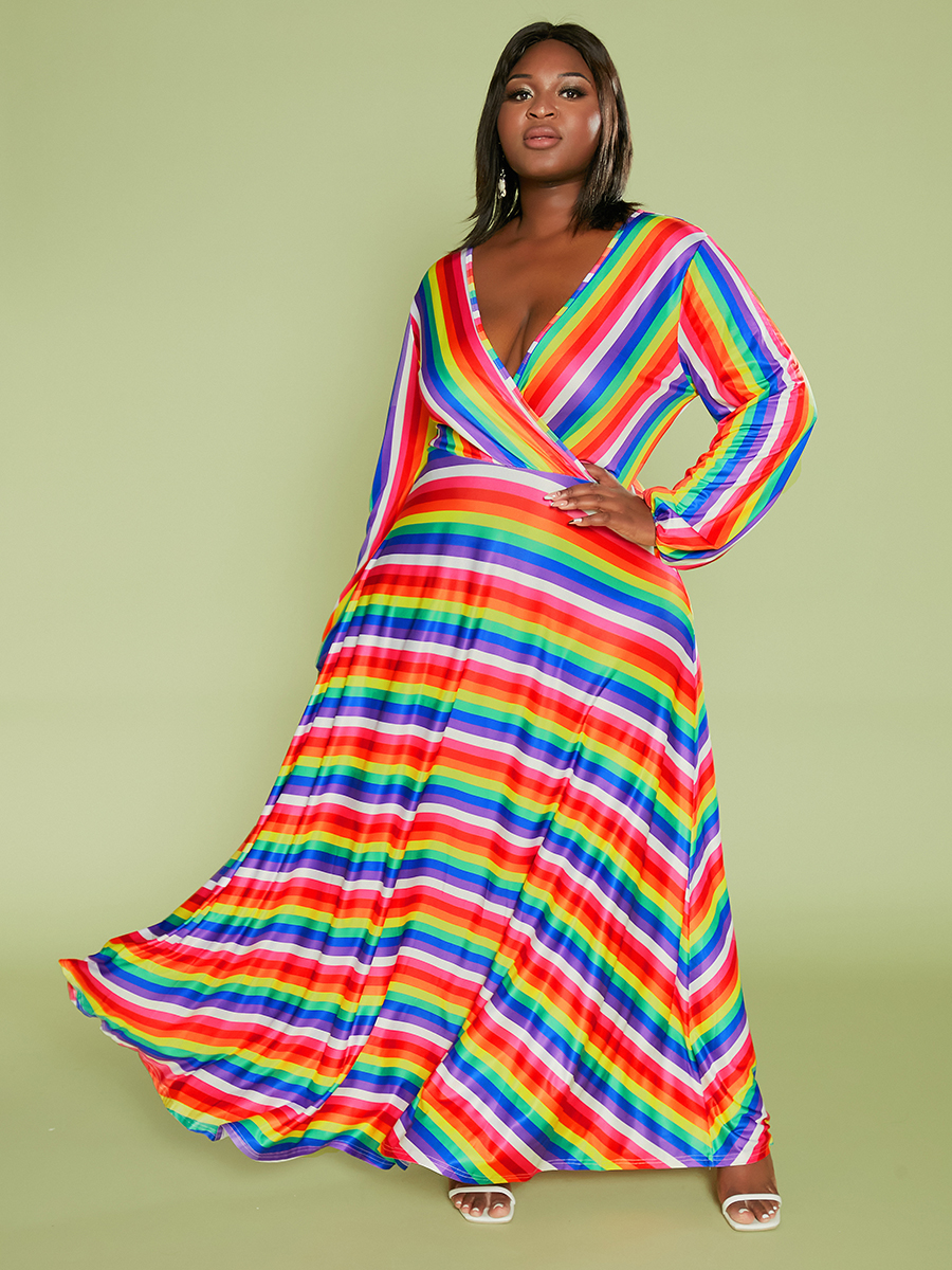 

Lovely Plus Size Rainbow Striped A Line Dress, Multicolor mstn