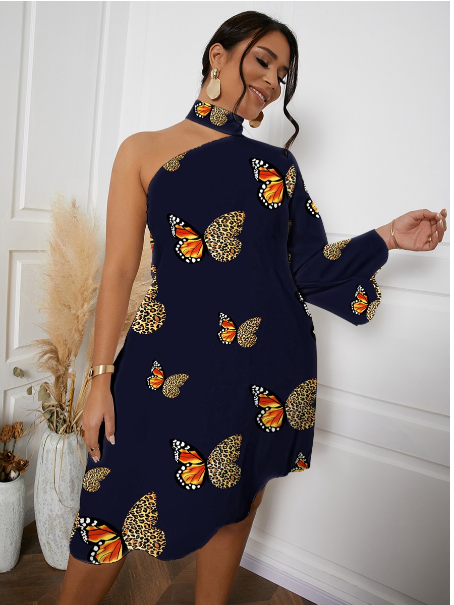 

LW Butterfly Print Ruffle Hem Asymmetrical Dress, Black