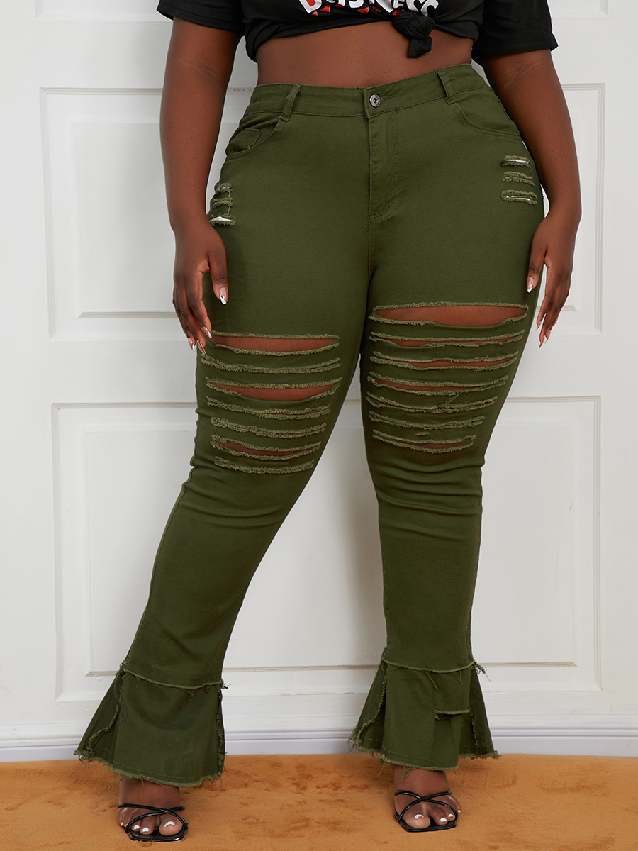 

LW Plus Size High Stretchy Ripped Flared Jeans, Army green