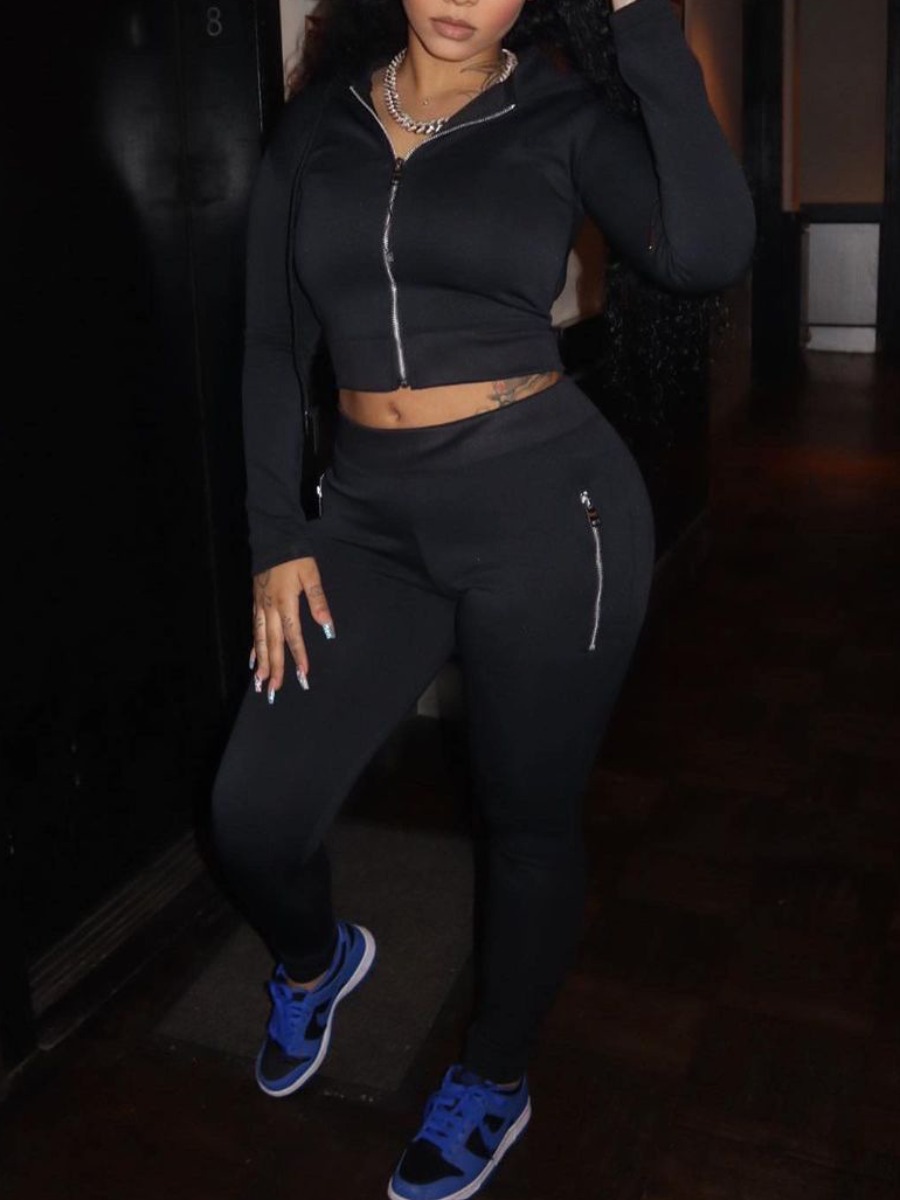 

LW Hooded Collar Zipper Design Tracksuit Set, Black