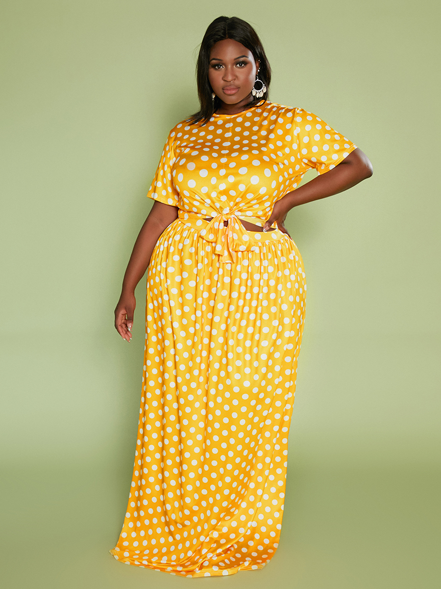 

LW Plus Size Dot Print Bandage Design Skirt Set, Yellow