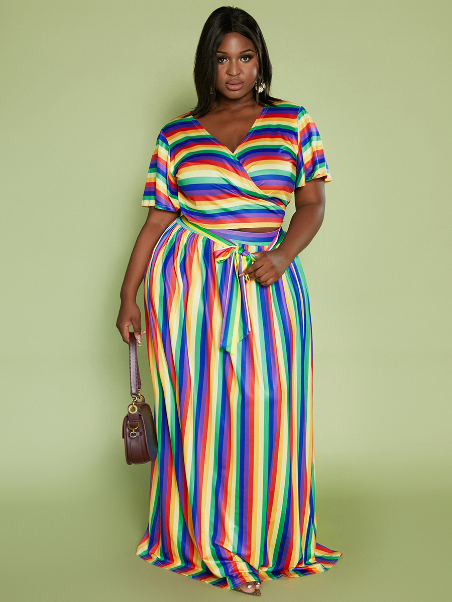 

LW Plus Size Rainbow Striped Bandage Design Skirt Set, Multicolor mstn