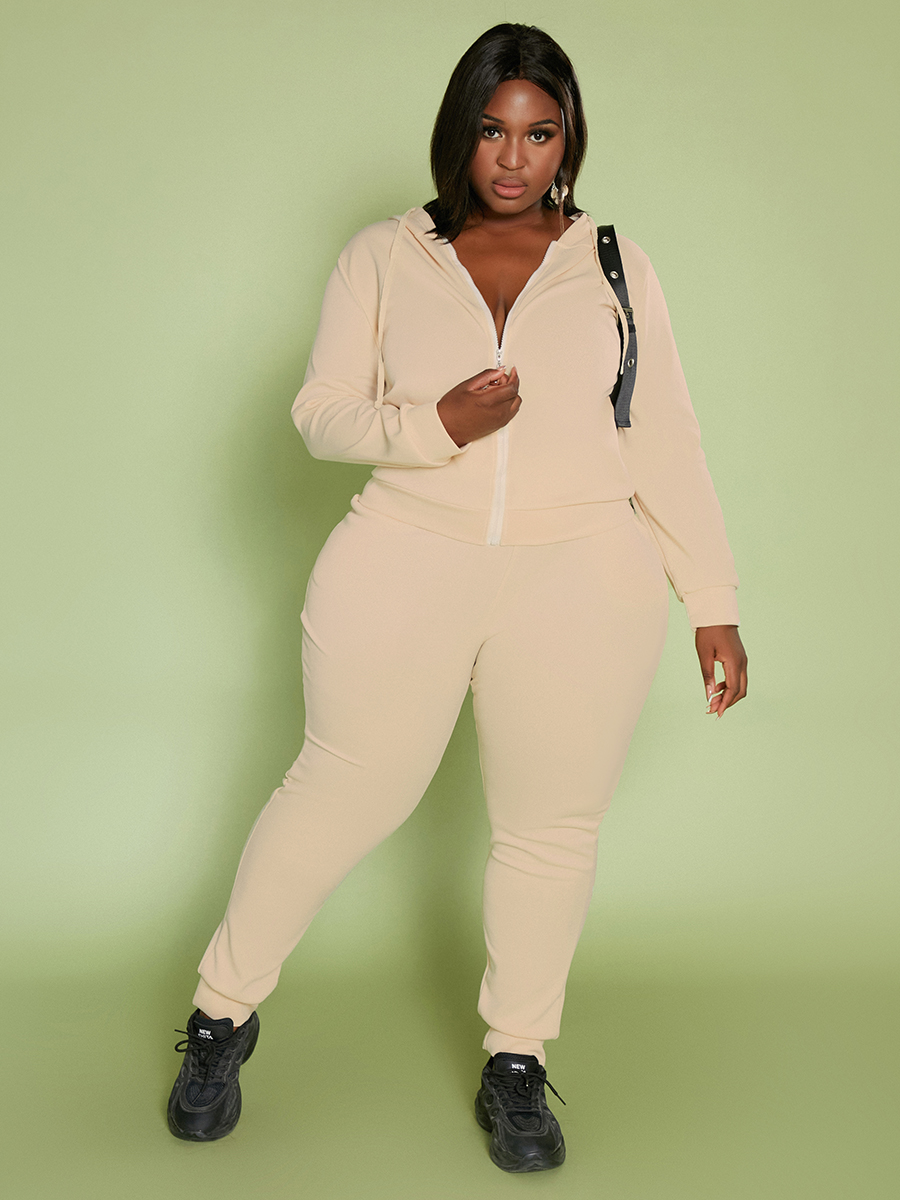 

LW Plus Size Hooded Collar Zipper Design Tracksuit Set, Apricot
