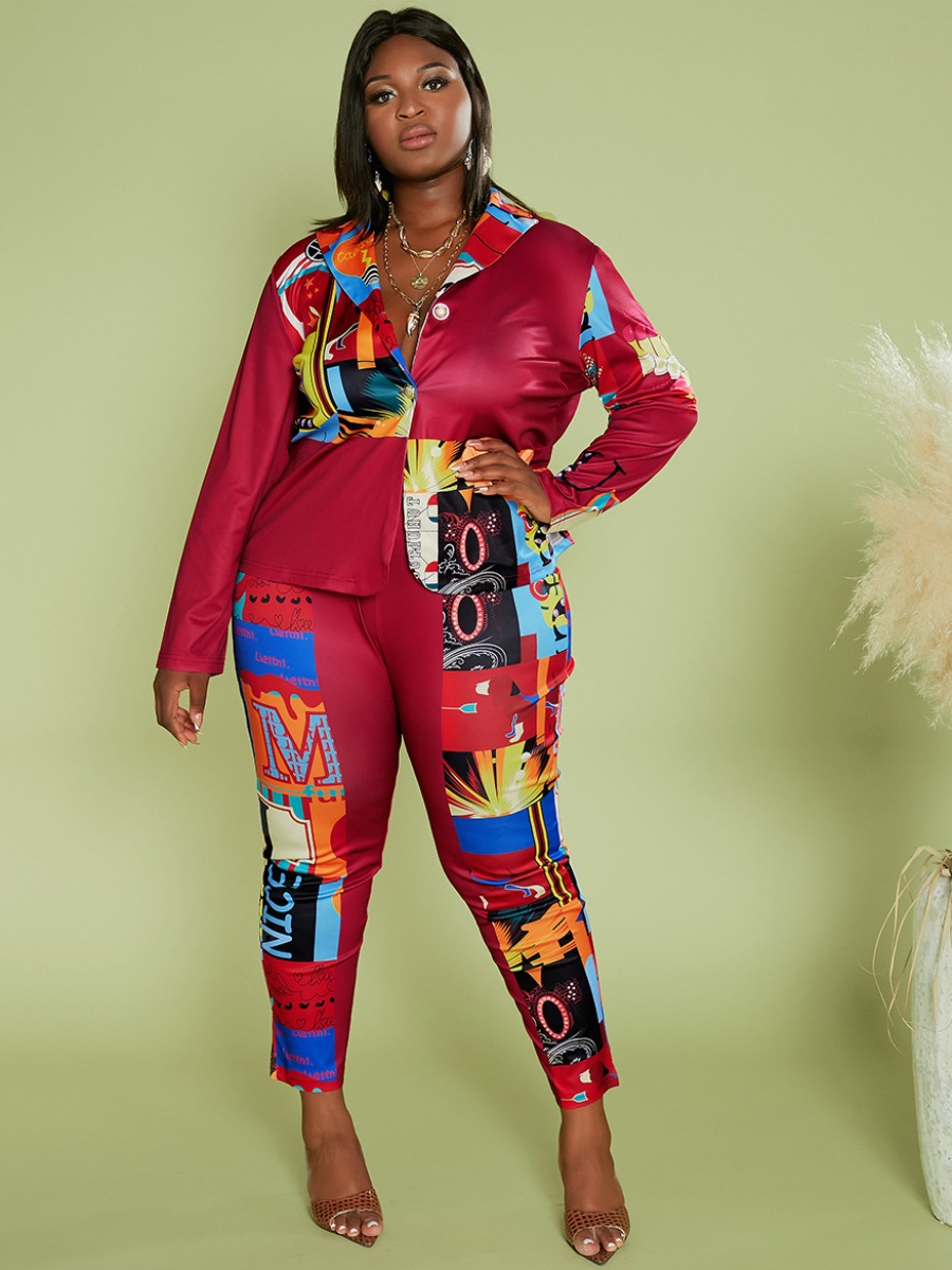 

LW Plus Size Bulb Letter Print Pants Set, Wine red