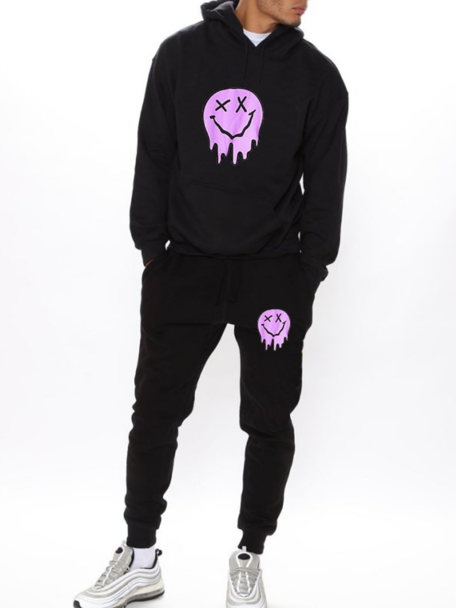 

LW Men Cartoon Print Kangaroo Pocket Tracksuit Set, Black